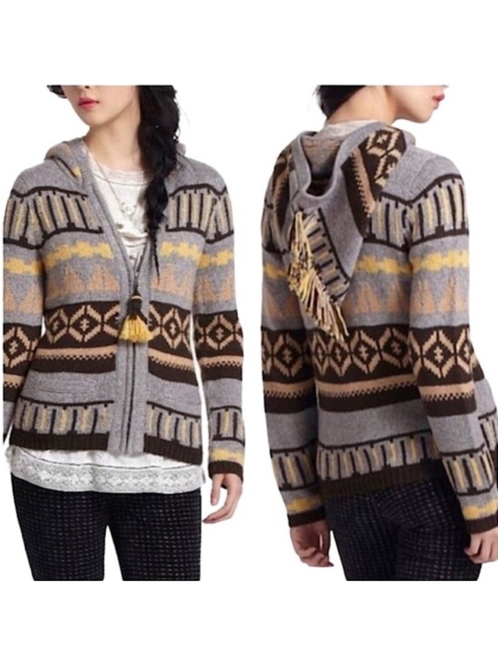 Anthropologie Sparrow Nordic Fair Isle Wool Knit Zip Up Hoodie Cardigan M